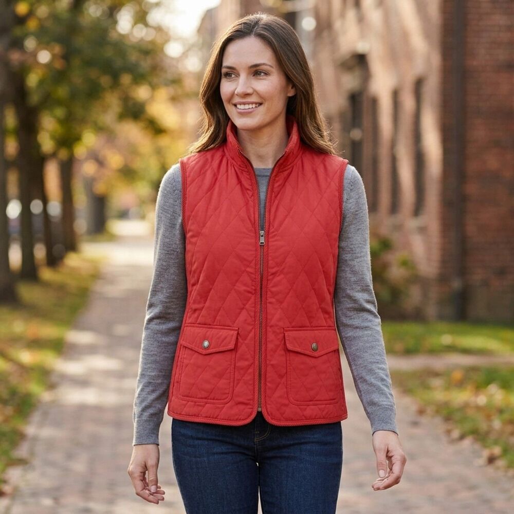 Talbots Womens Red Diamond Quilted Vest Ribbed Side Panels Snap Pockets Medium